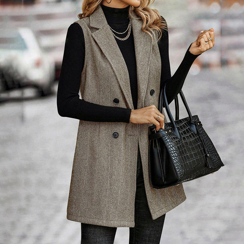 Women’s Herringbone Sleeveless Blazer Vest Tailored Layering Piece - Image 7