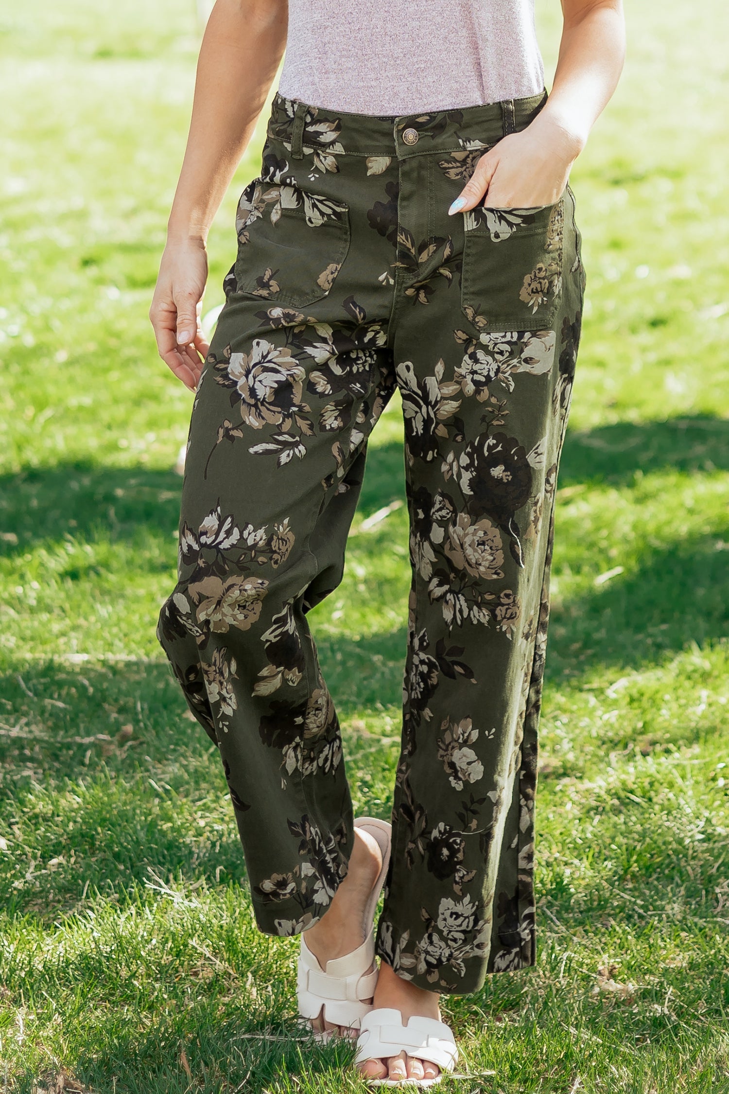 Floral Denim Patch Pocket Straight Leg Jeans