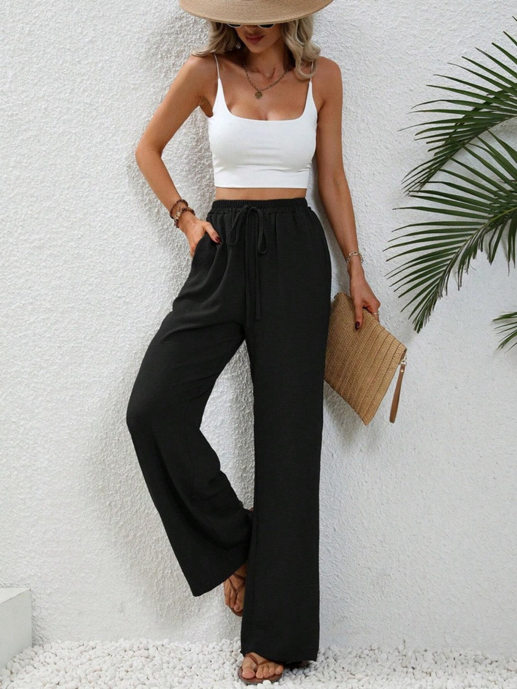 Women Wide Leg Drawstring Pants Lightweight Comfortable Trousers - Image 5