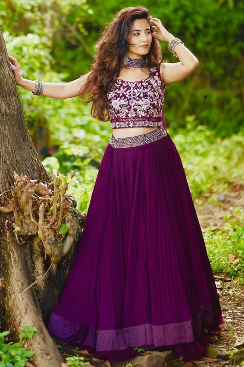 Wine colored crush georgette designer lehenga choli set