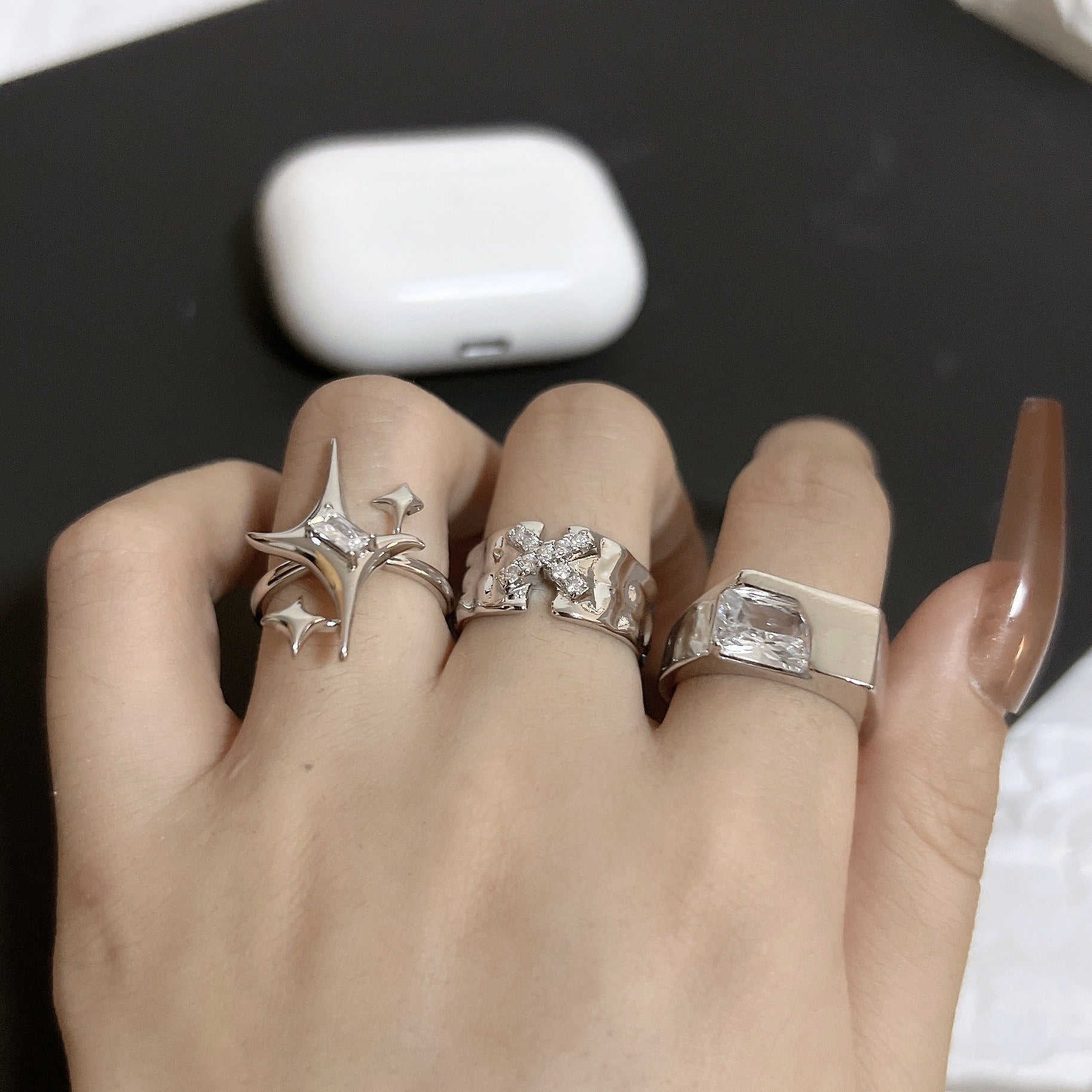 Niche Design Star Couple Rings, Korean INS Style, Zircon Inlaid Letter Texture Ring, Fashion Personality Ring For Men