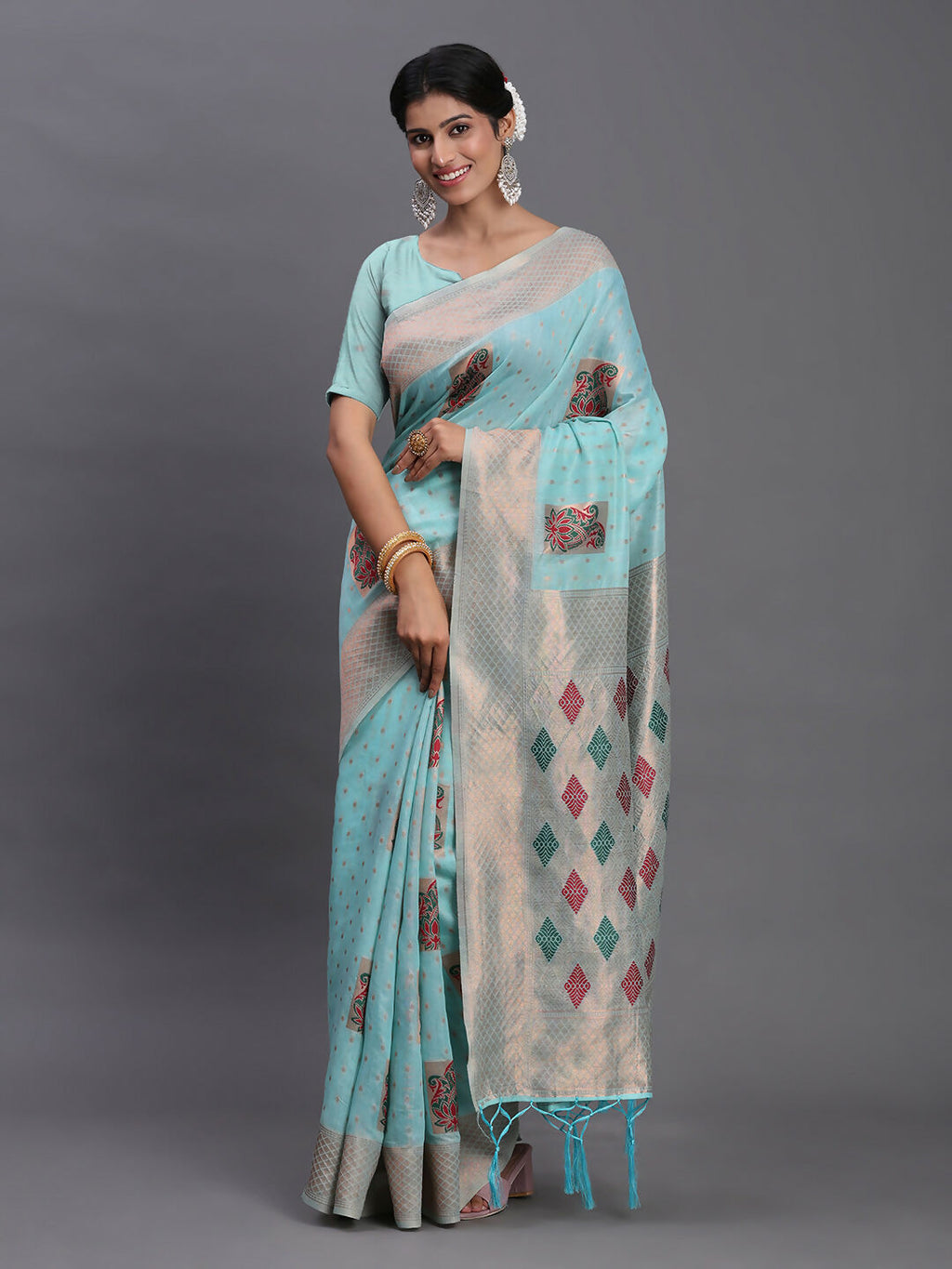 Sky Blue Linen Cotton Saree with Matching Blouse Piece