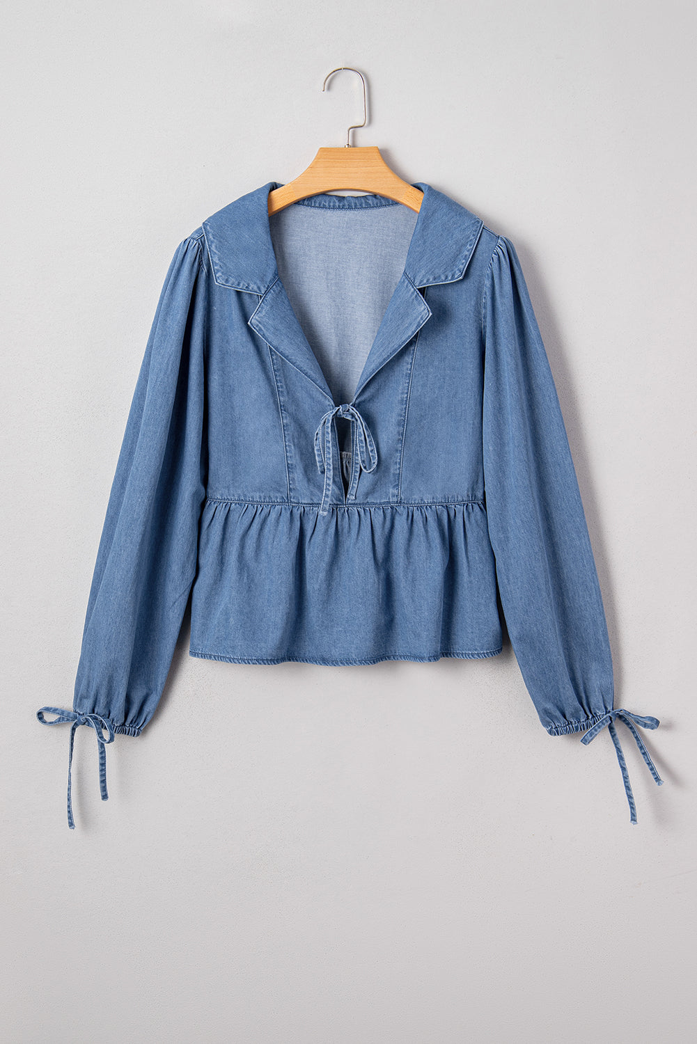 Denim Lapel Neck Balloon Sleeve Peplum Top