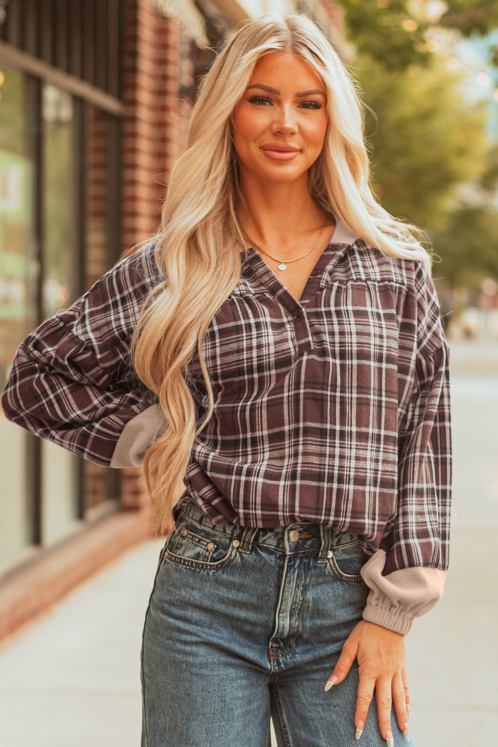 Women's Brown Plaid Patchwork Long Sleeve Hooded Top