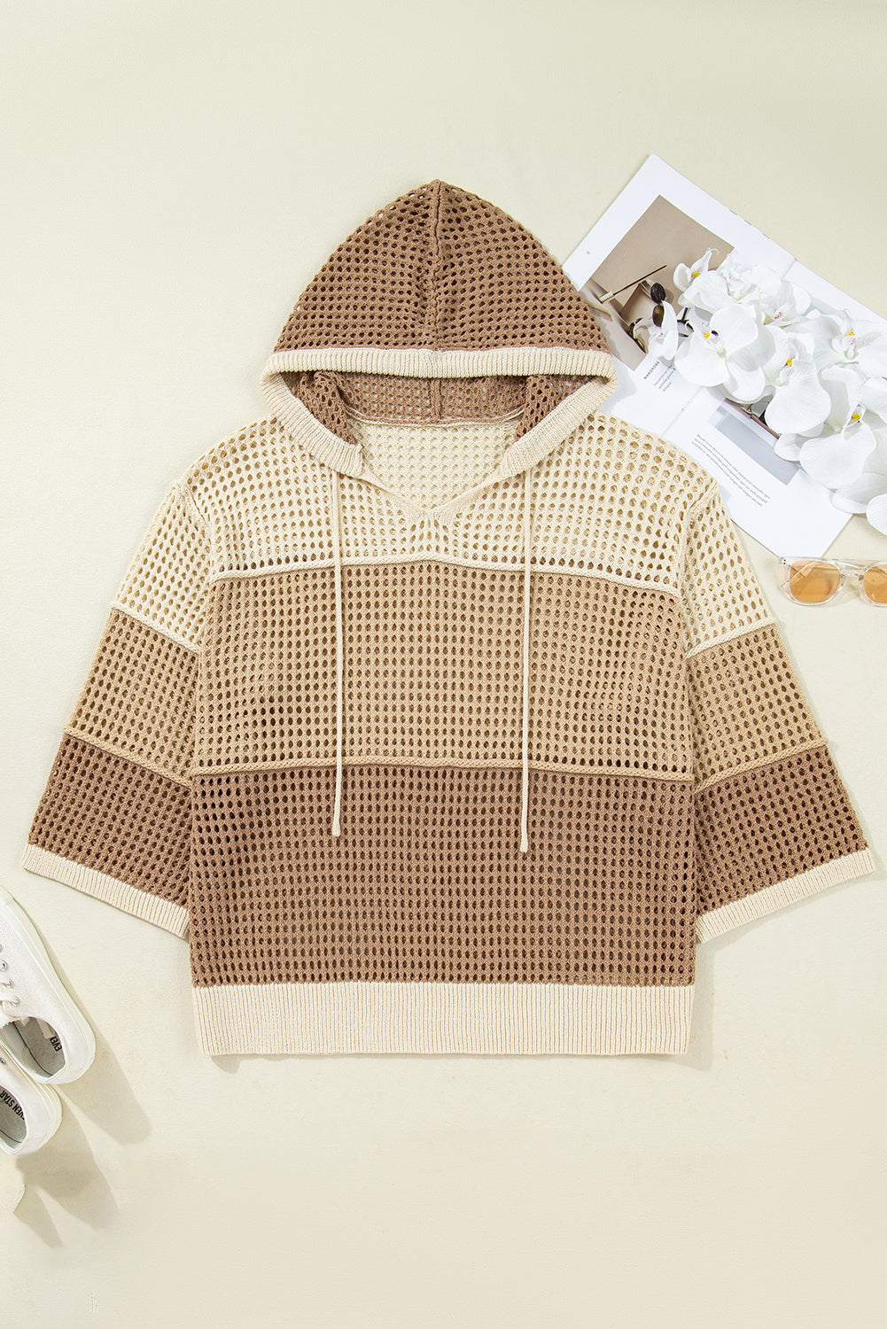 Plus Size Colorblock Hollowed Knit Hooded Sweater
