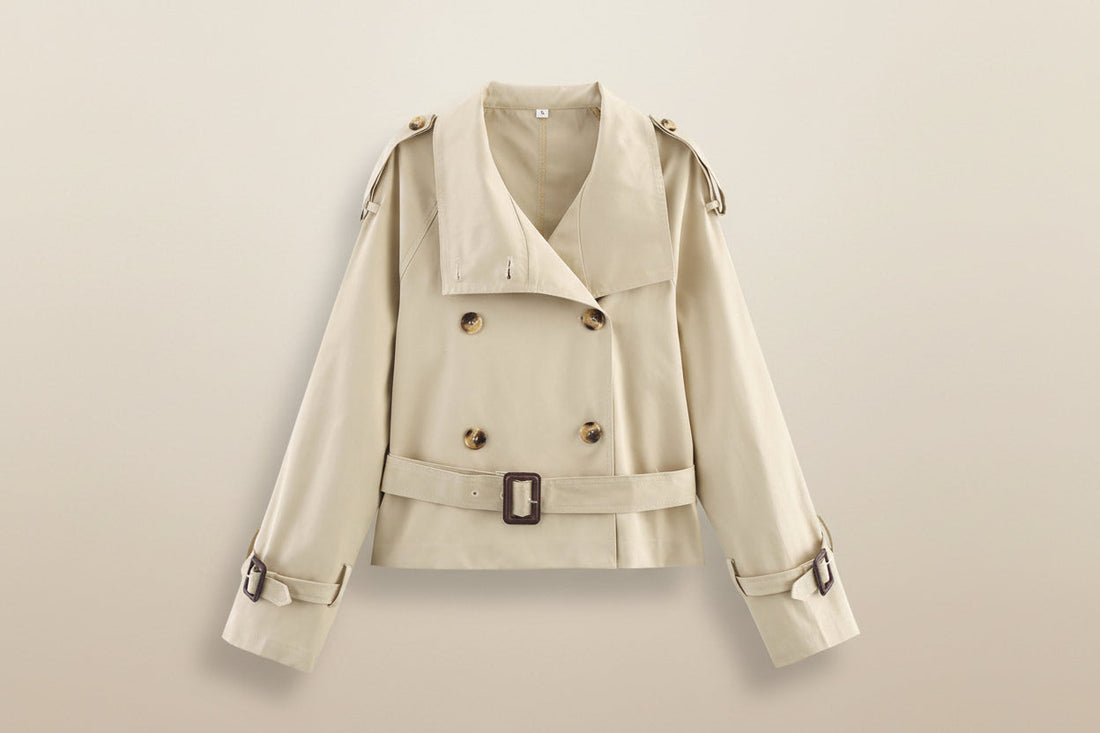 Women's Short Trench Coat with Notch Collar and Belt Buckle - Image 7