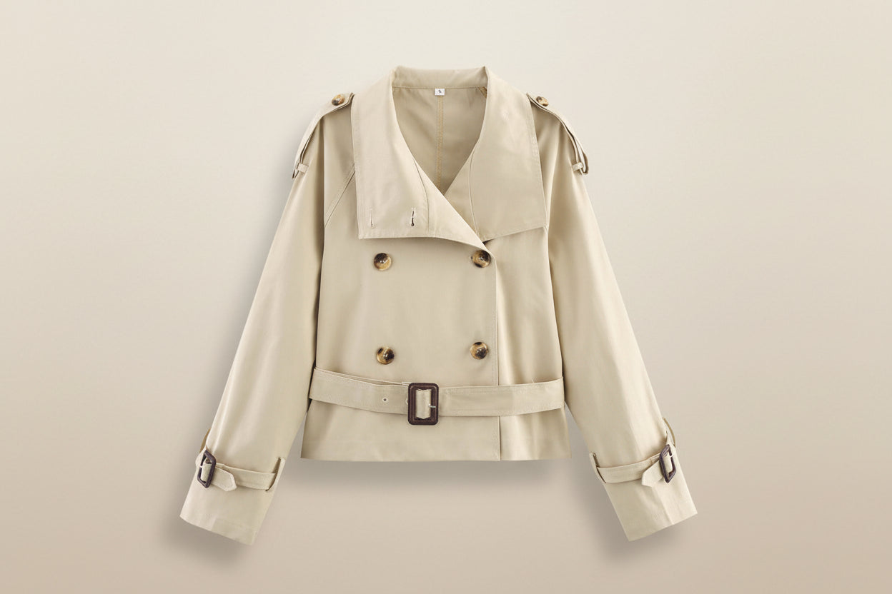 Women's Short Trench Coat with Notch Collar and Belt Buckle - Image 7