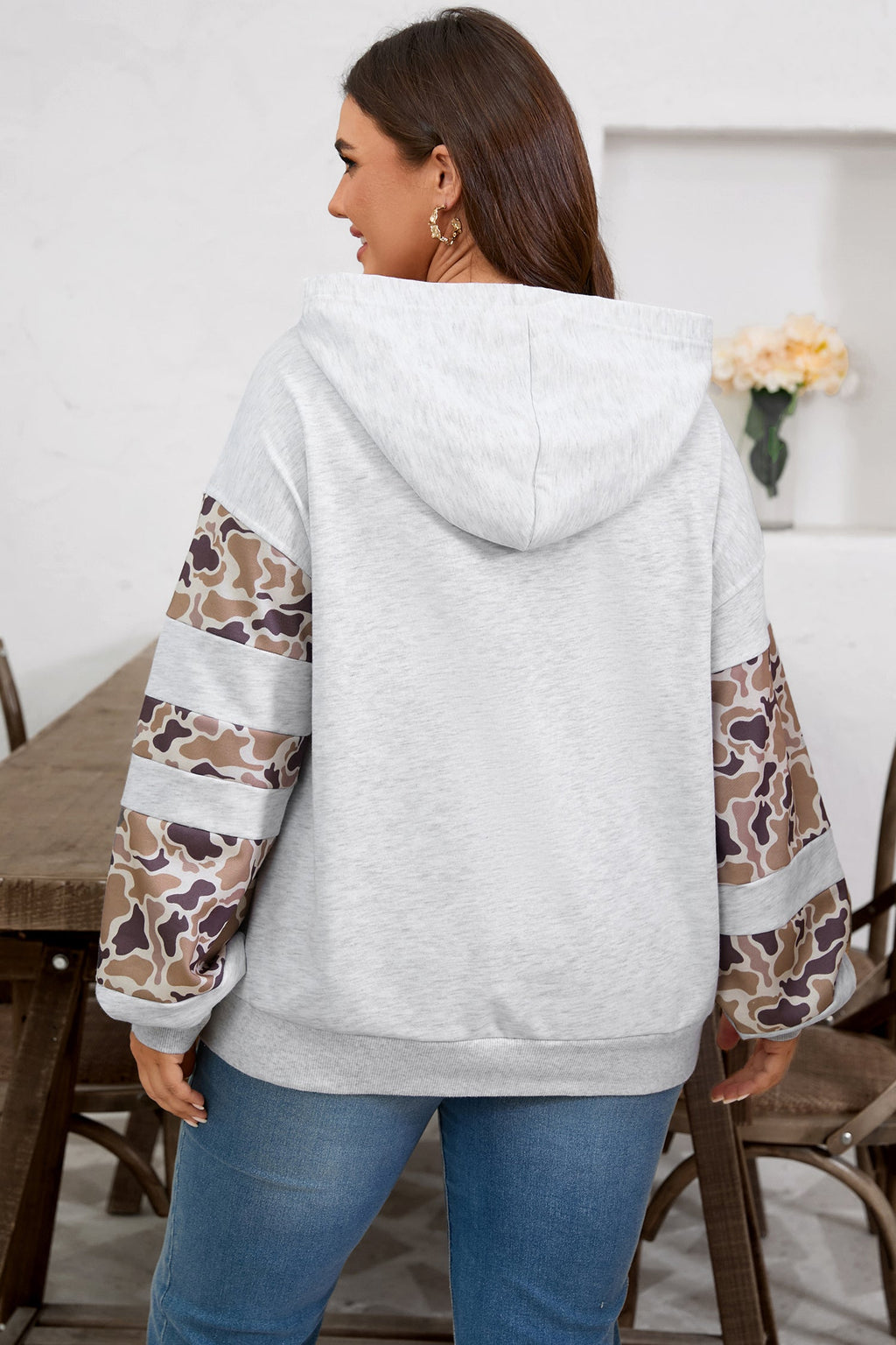 Light Grey Camouflage Patchwork Asymmetric Hoodie