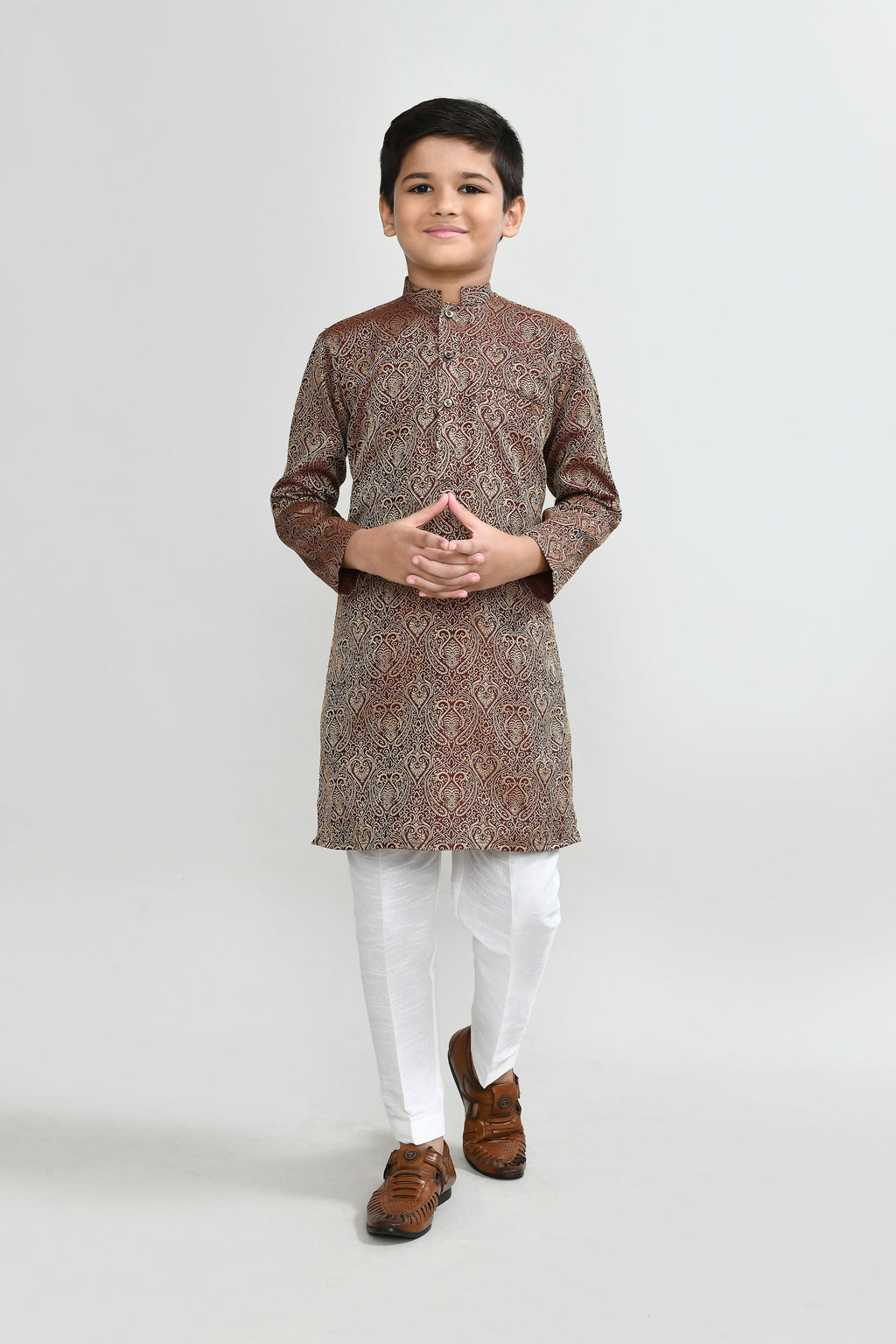 Maroon Jacquard Kurta with White Straight Fit Pants Set