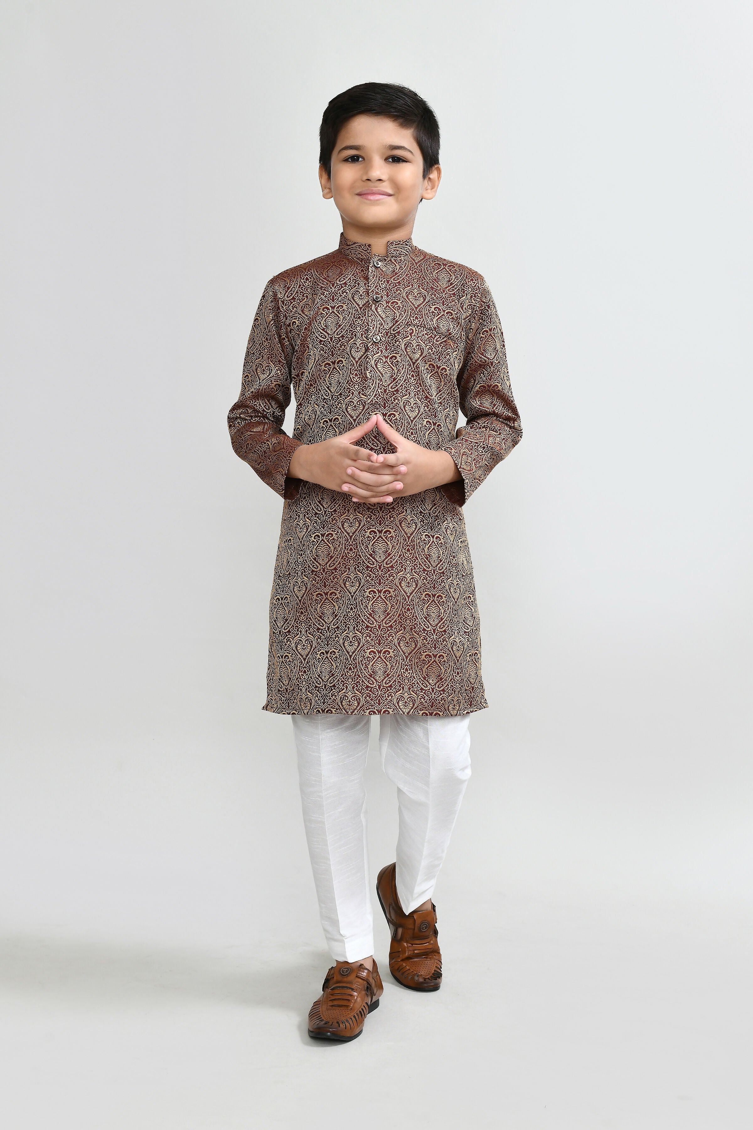 Maroon Jacquard Kurta with White Straight Fit Pants Set