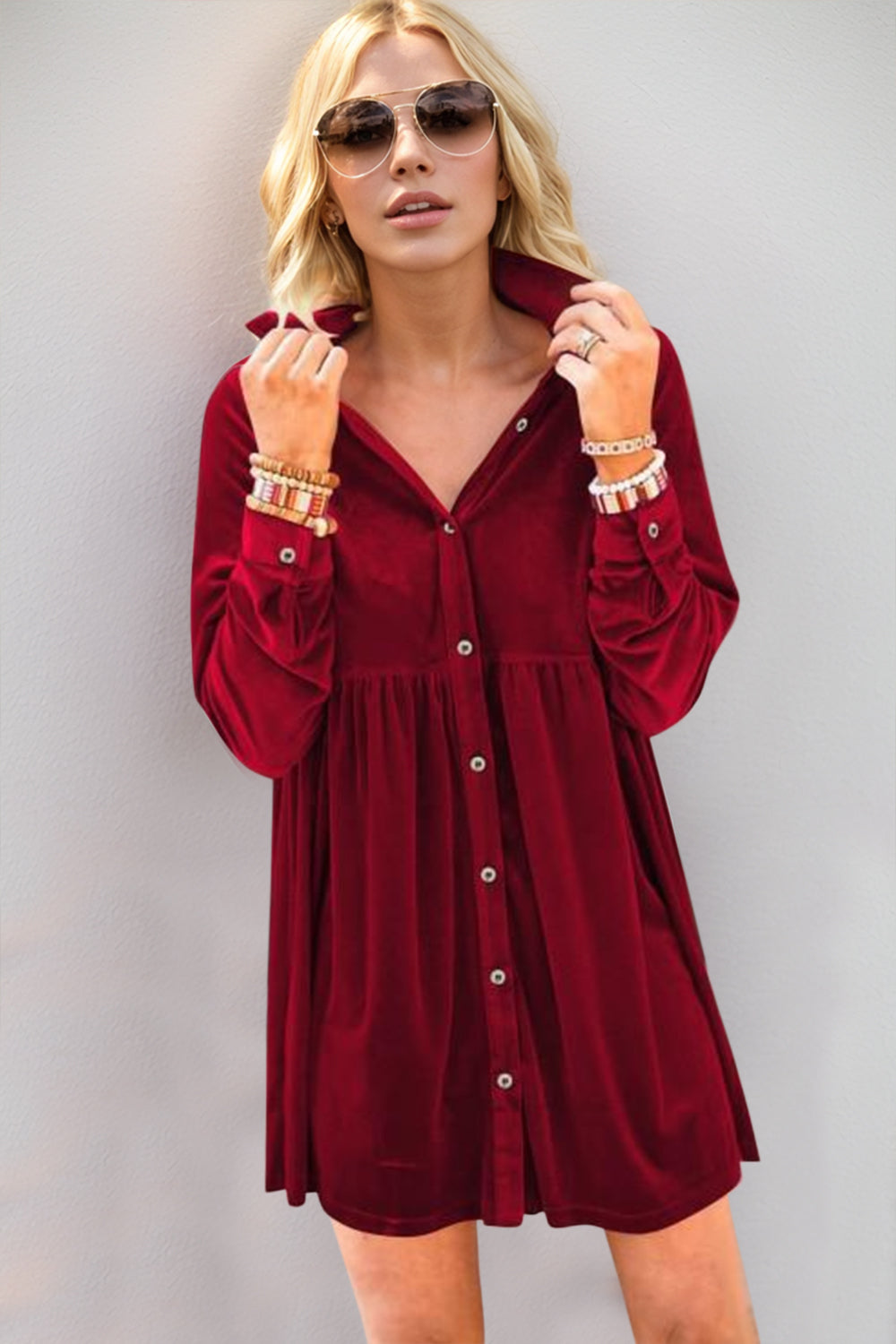 Deep Red Velvet Collared Long Sleeve Mini Dress