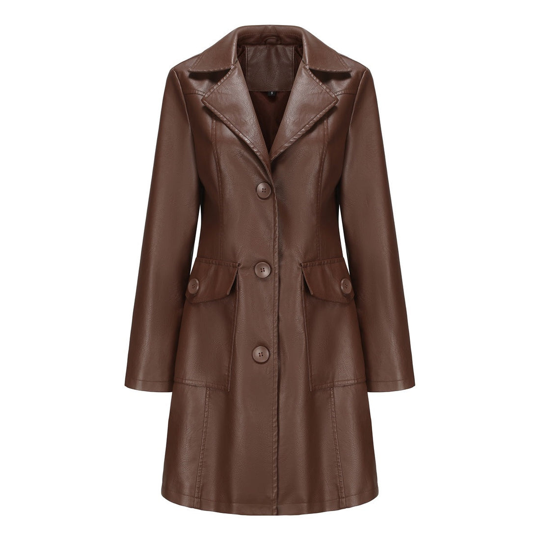 Women's Long Leather Trench Coat Button Front Outerwear