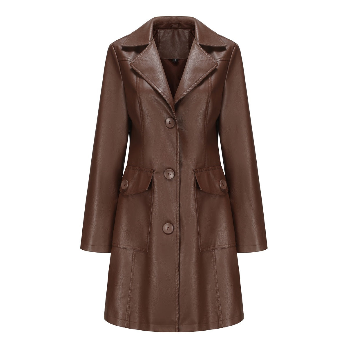 Women's Long Leather Trench Coat Button Front Outerwear