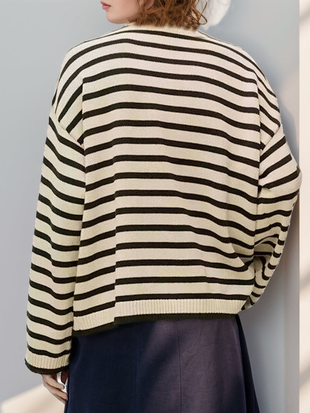 Women's Striped Knit Sweater with Decorative Shoulder Buttons - Image 2