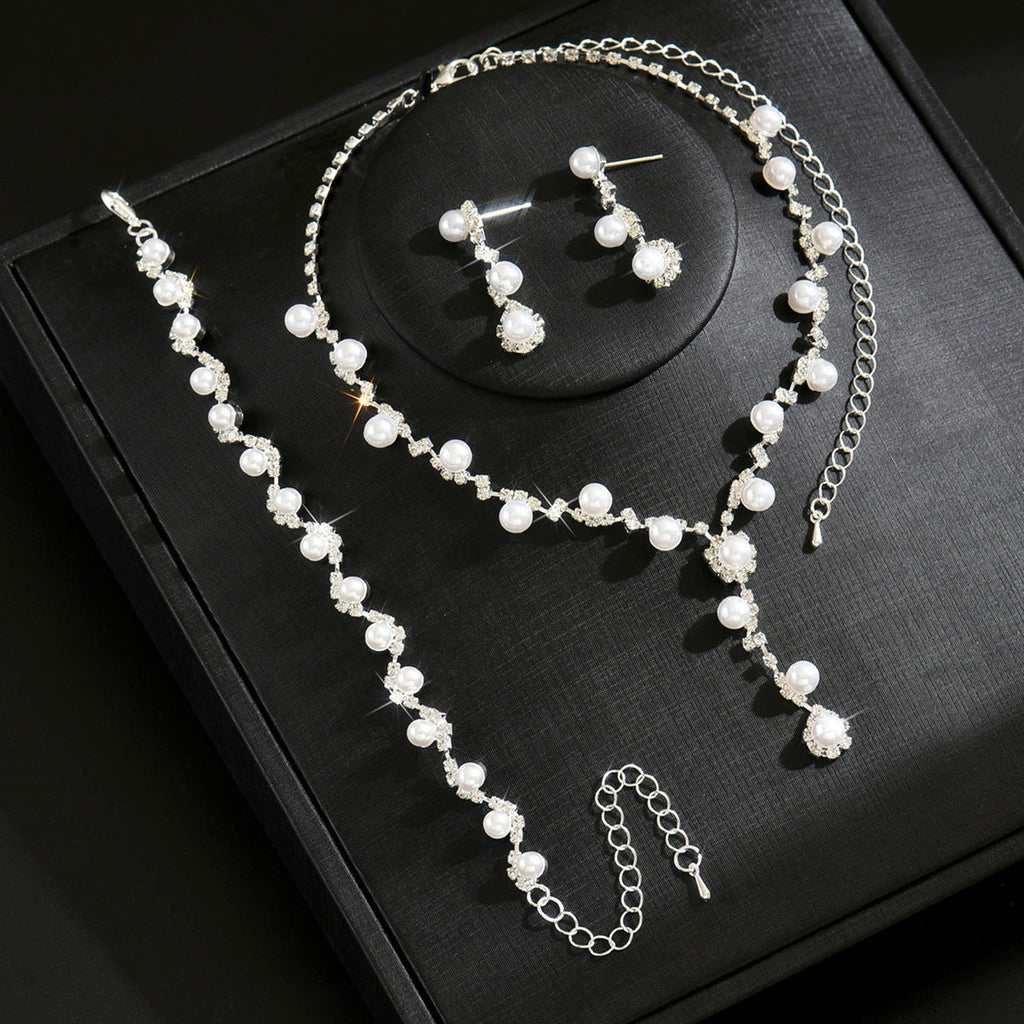 Women 3 Pcs Rhinestone Pearl Jewelry Set,Choker Necklace Dangle Earrings Bracelet,Elegant Costume Accessories For Dinner Party Evening Dress Occasion