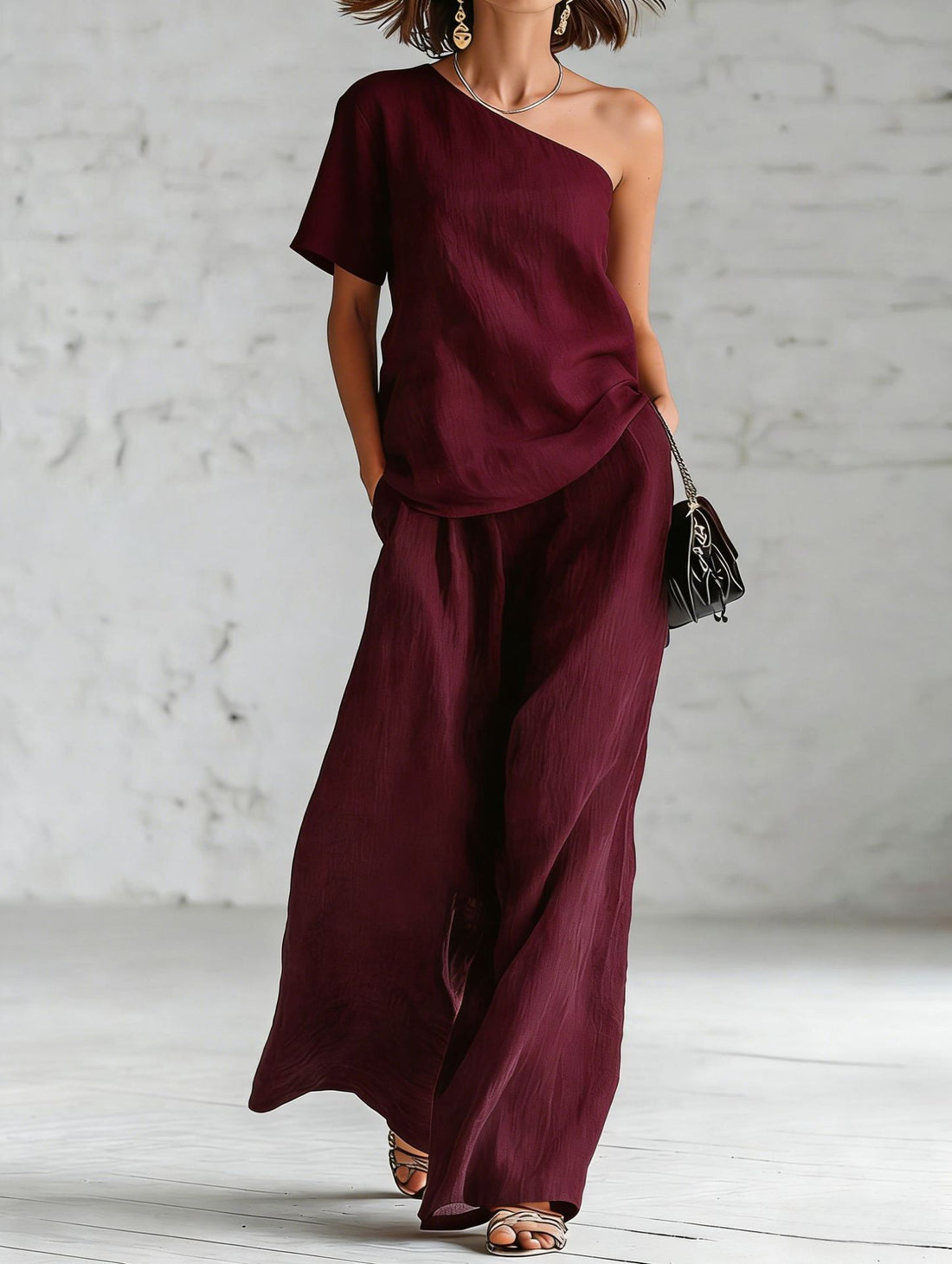 Women's One-Shoulder Top and Wide-Leg Pants Two-Piece Set - Image 10