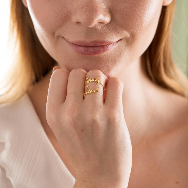 Customized Double Name Open Ring in Sterling Silver or Gold