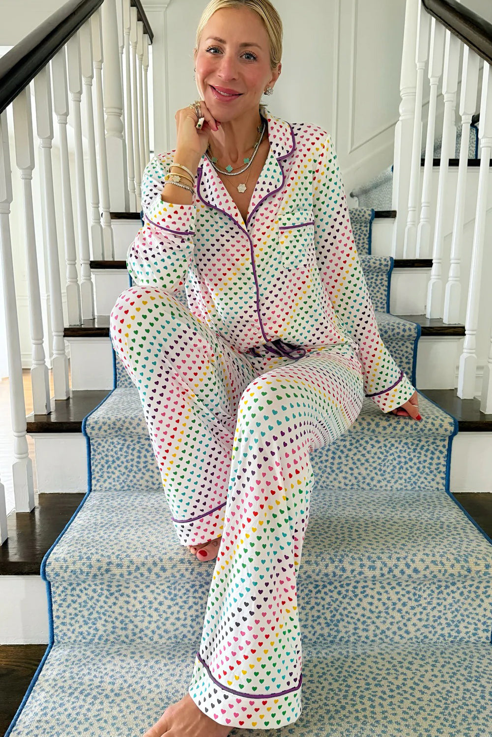 White Heart Print Valentine's Long Sleeve Pajama Set for Couples