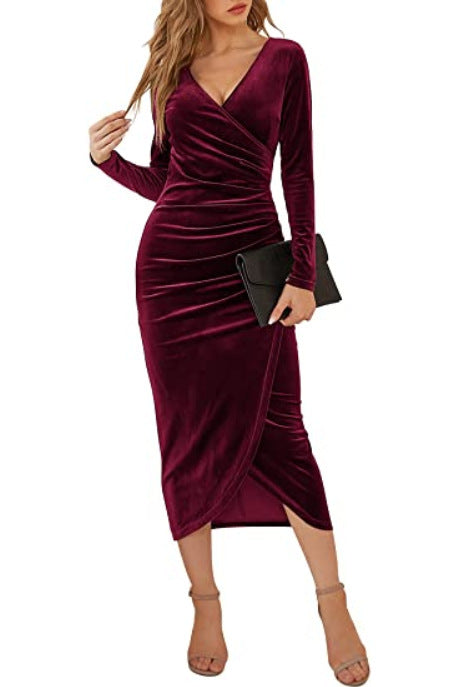 Velvet V-Neck Wrap Dress with Irregular Hem for Women