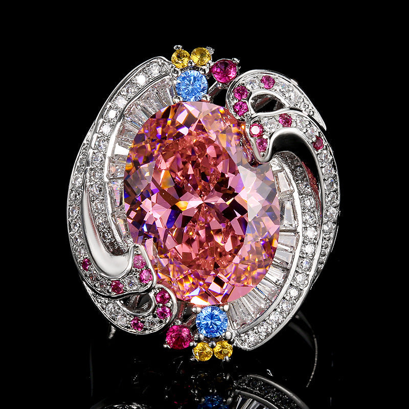 Exquisite Swirl Design Purple Amethyst Ring, Rainbow Gemstone Encrusted Cocktail Ring For Women