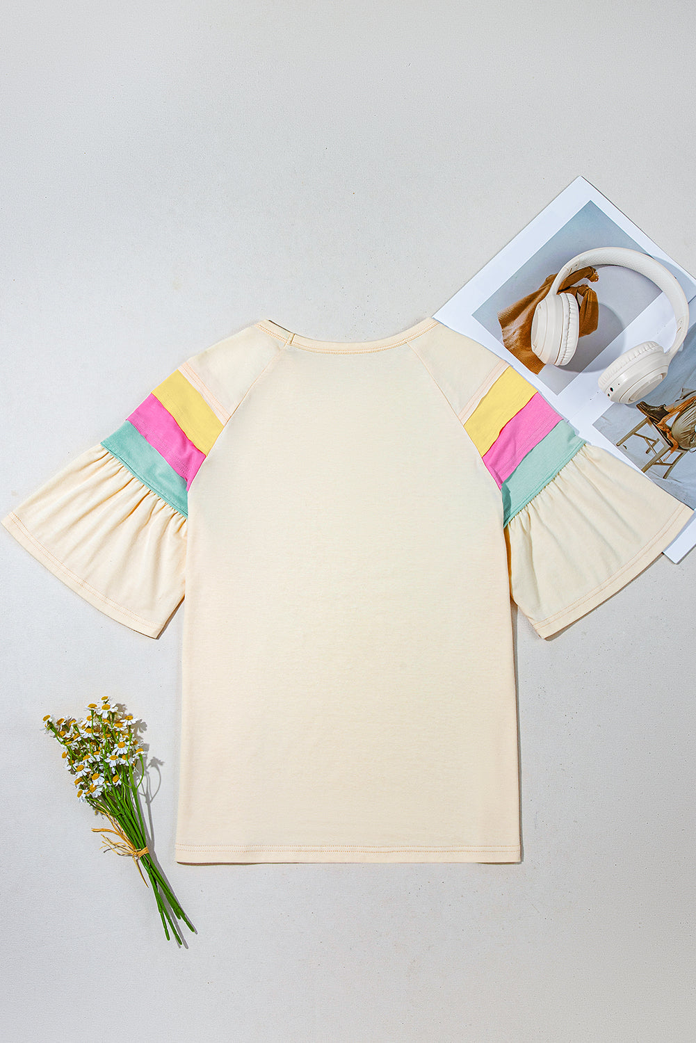 Women White Colorblock Striped T-Shirt with Flounce Sleeves - Image 5