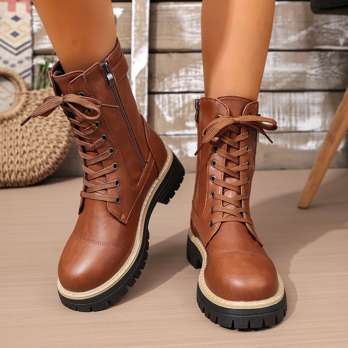 Women’s Solid Color Lace Up Mid Boots with Side Zipper and Low Heel