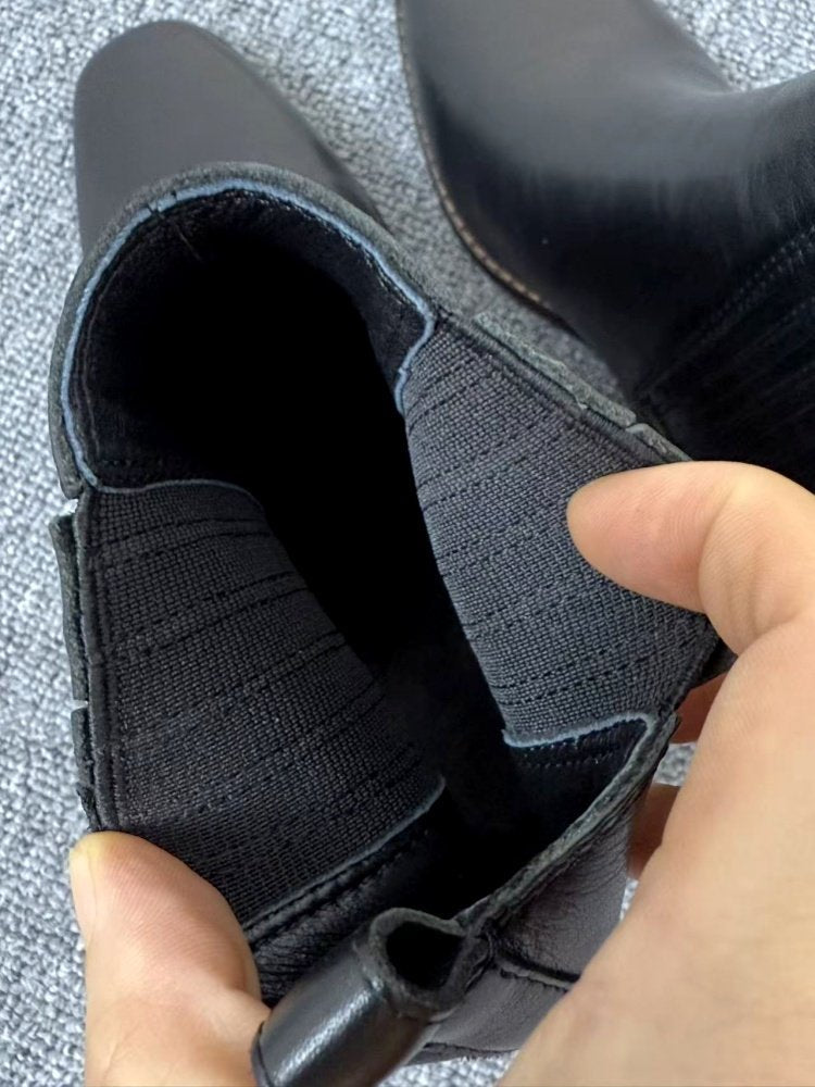 Women’s Retro Square-Toe Mid-Heel Chunky Leather Boots