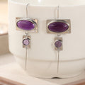 Vintage Purple Oval Stone Geometric Drop Earrings Silver Tone Brass Women Boho Daily Fashion Jewelry