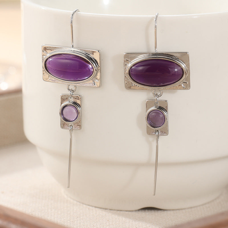 Vintage Purple Oval Stone Geometric Drop Earrings Silver Tone Brass Women Boho Daily Fashion Jewelry