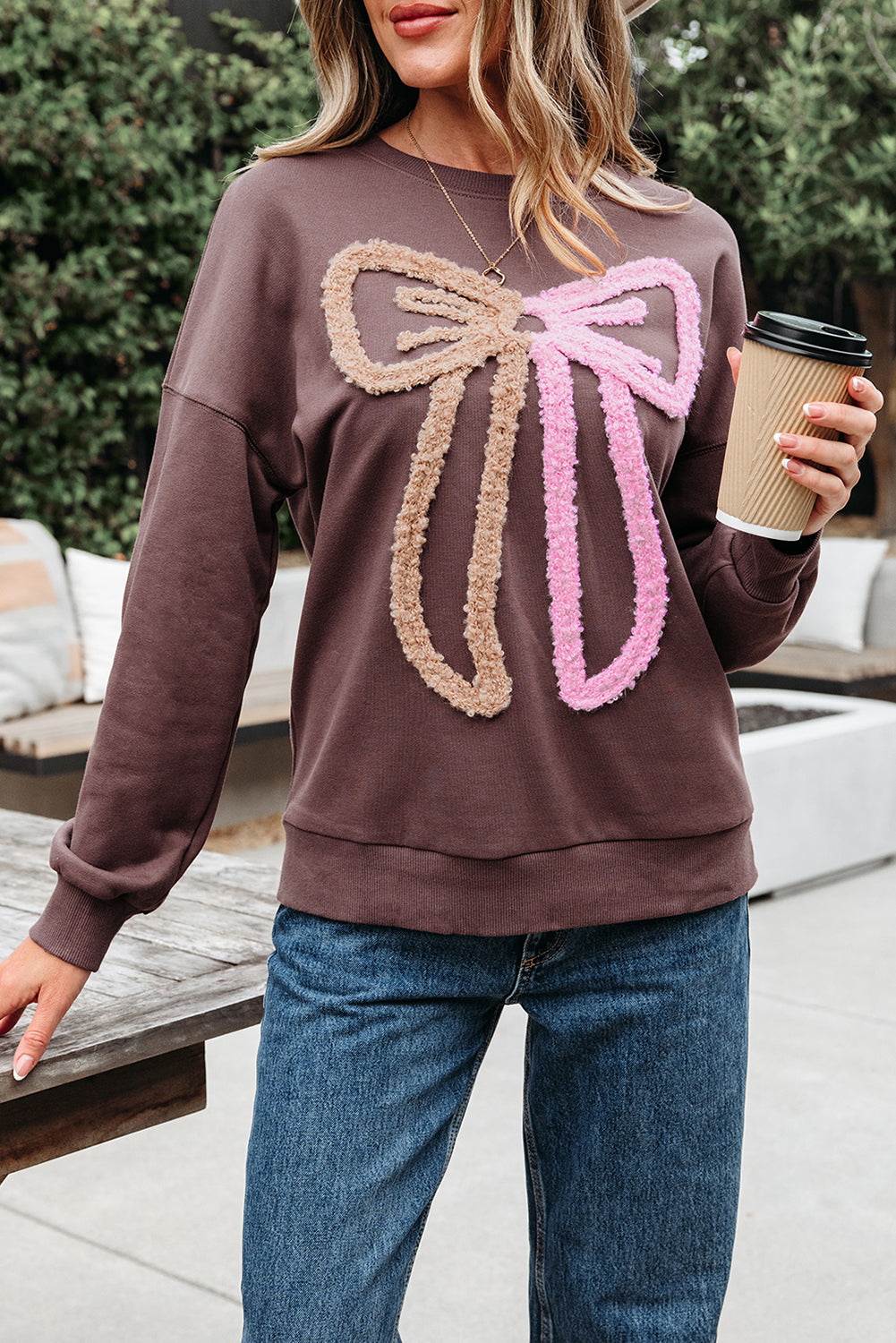 Bow Tie Contrast Terry Drop Shoulder Sweatshirt