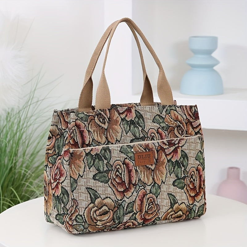 Chic Lunch Retro Floral Oil Painting Tote Commute Bag