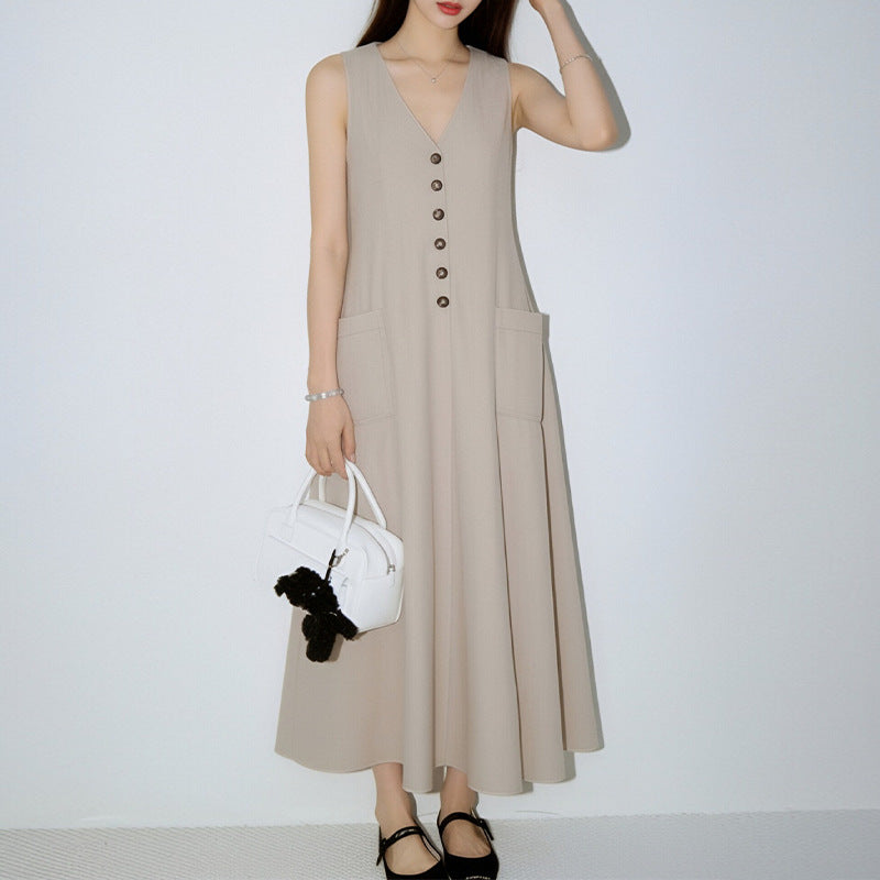 Women's V-Neck Sleeveless Button-Up Maxi Dress with Pockets - Image 5