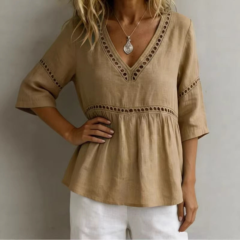 Women's V-Neck Cotton Linen Fringed Top with Hollow-Out Detail - Image 2