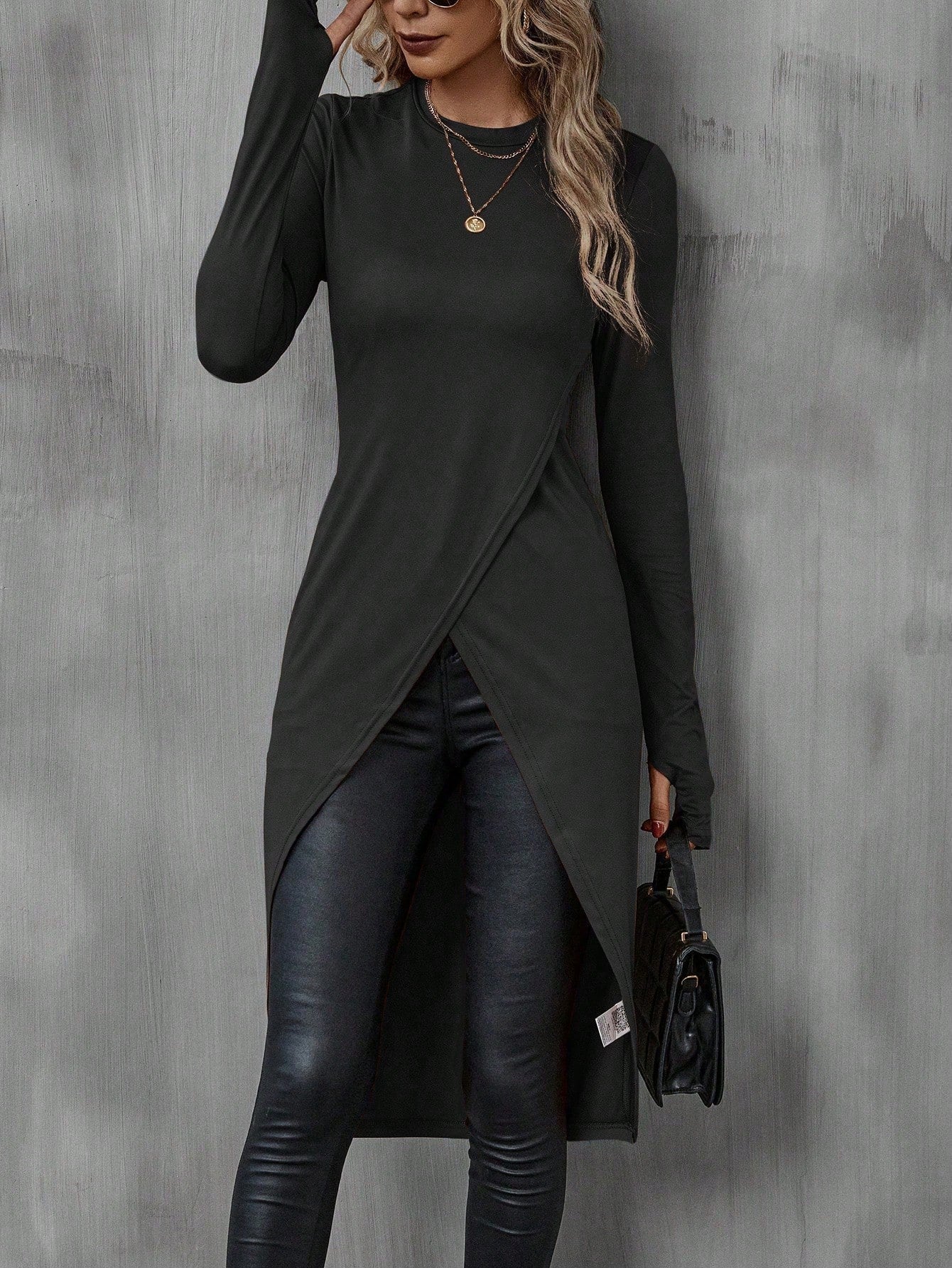 Women's Black Slim Fit Long Sleeve Crew Neck Tunic Shirt - Image 5