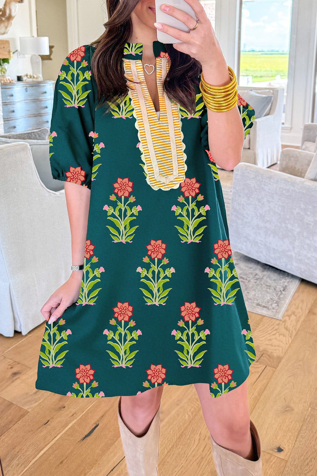 Green Floral Print Contrast Trim Striped Patchwork Dress