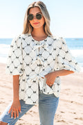 Ezra Bowknot Print Front Knots Bubble Sleeve Blouse