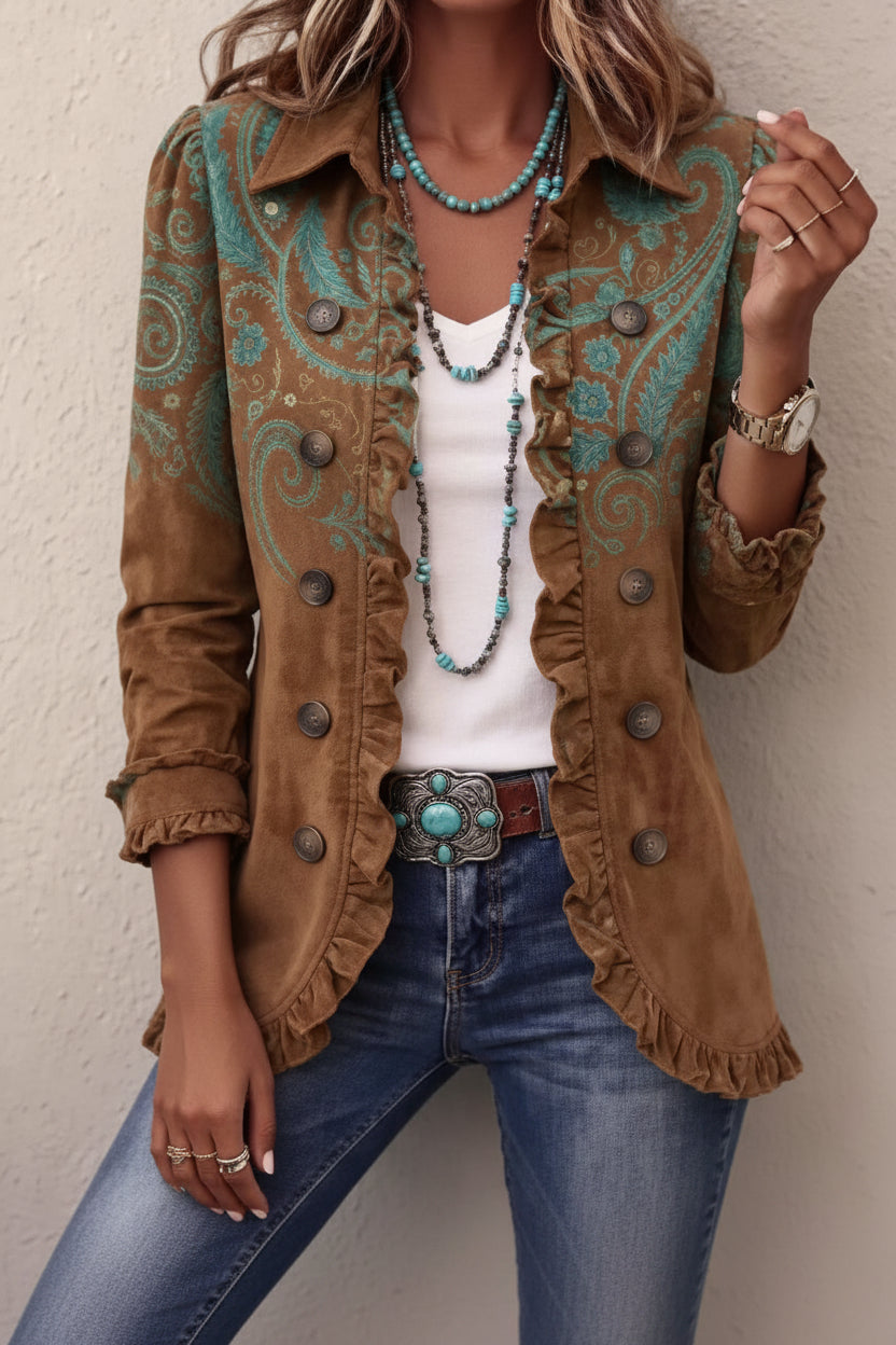 Floral Embroidered Ruffle Trim Double-Breasted Boho Jacket