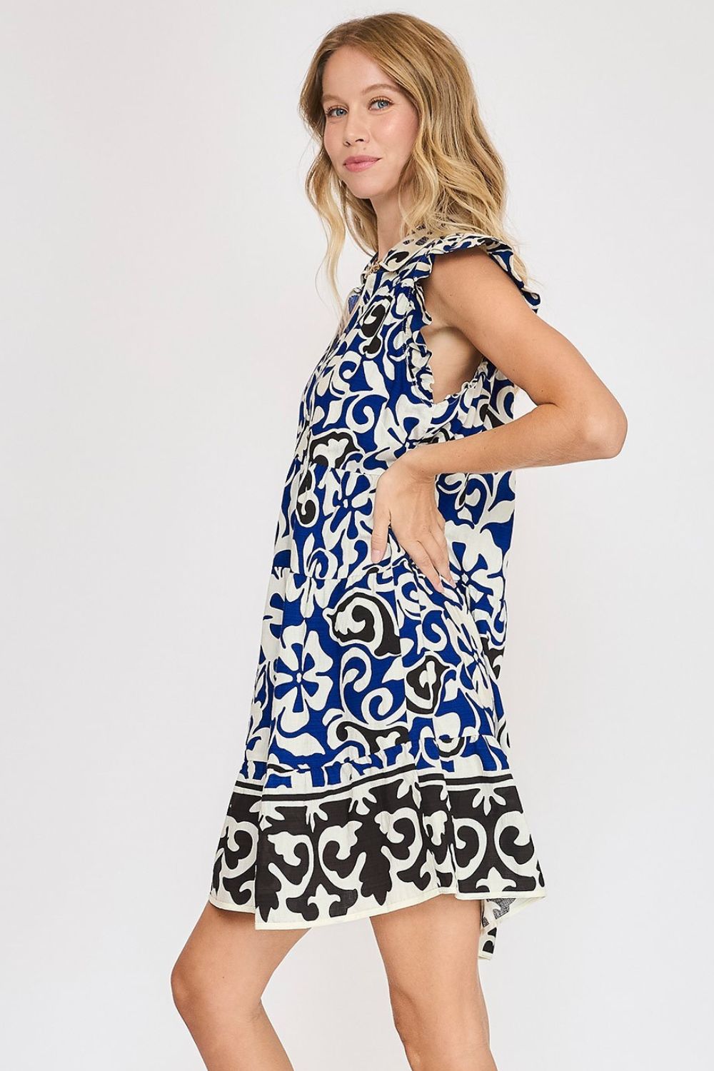 Floral Ruffled Cap Sleeve Tiered Cotton Mini Dress