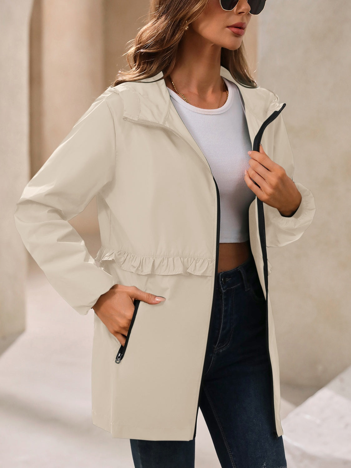 Women's Waterproof Hooded Windbreaker Jacket with Waist Detail - Image 10