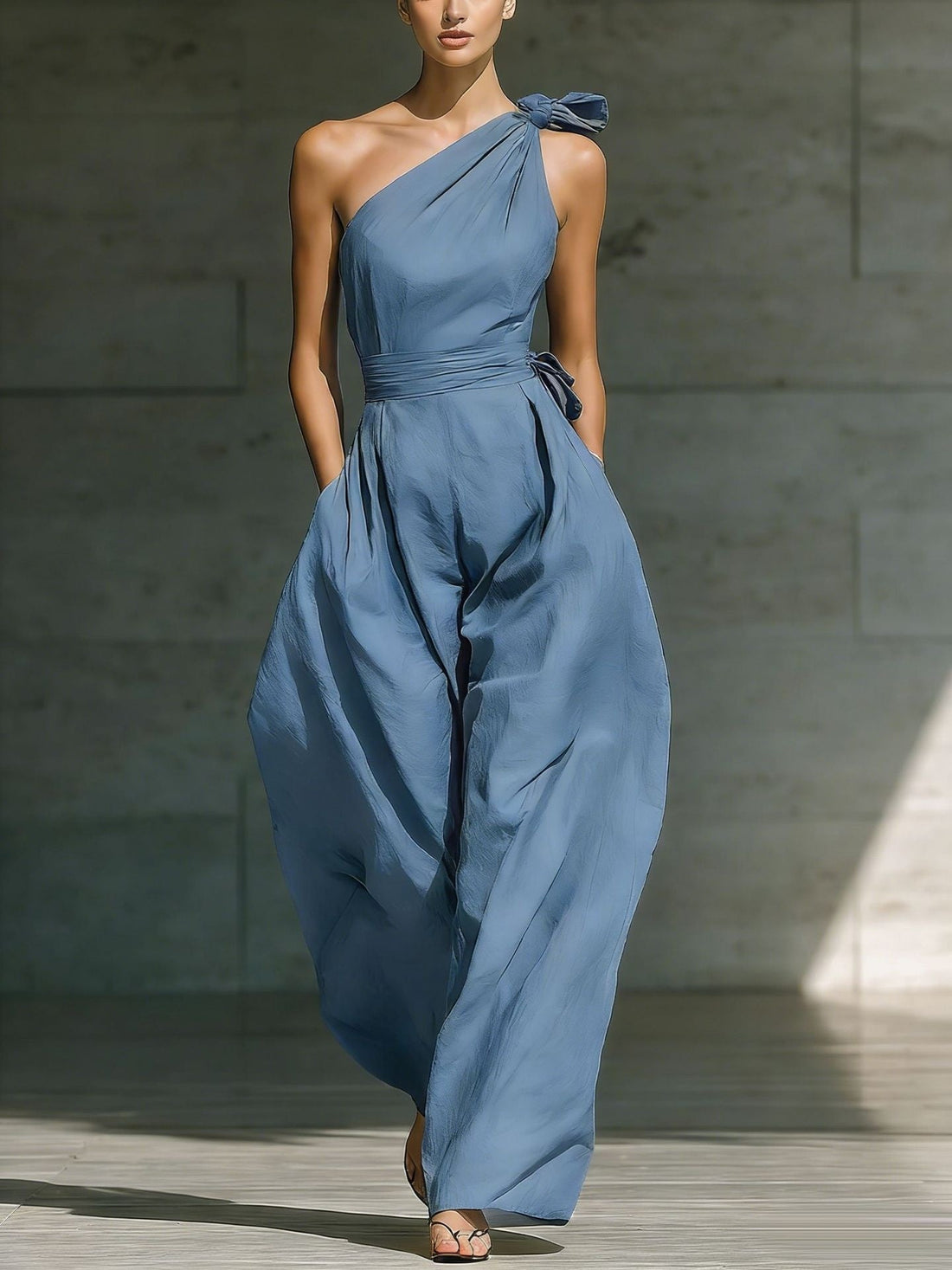 Women's One-Shoulder Belted Wide-Leg Jumpsuit - Image 10