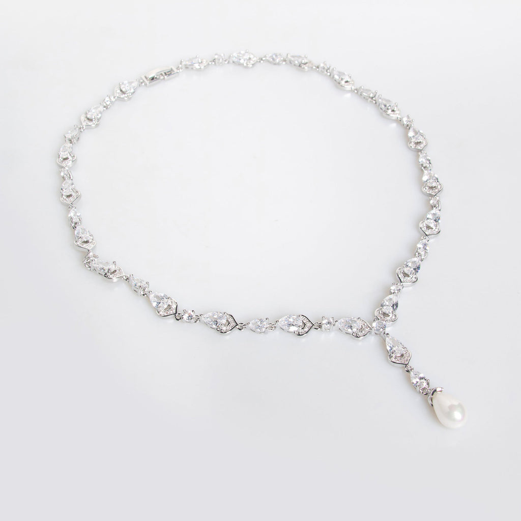 European And American Simple Bridal Jewelry Suit Clavicle Chain Hollow Water Drop Pearl Pendant Necklace Copper Zircon Earrings Accessories