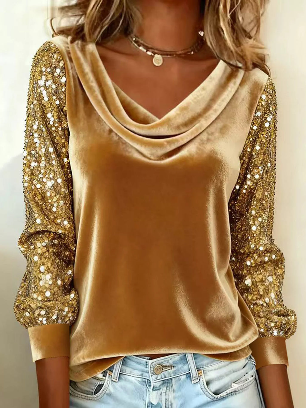 Sequin Sleeve Velvet Cowl Neck T-Shirt