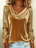 Sequin Sleeve Velvet Cowl Neck T-Shirt