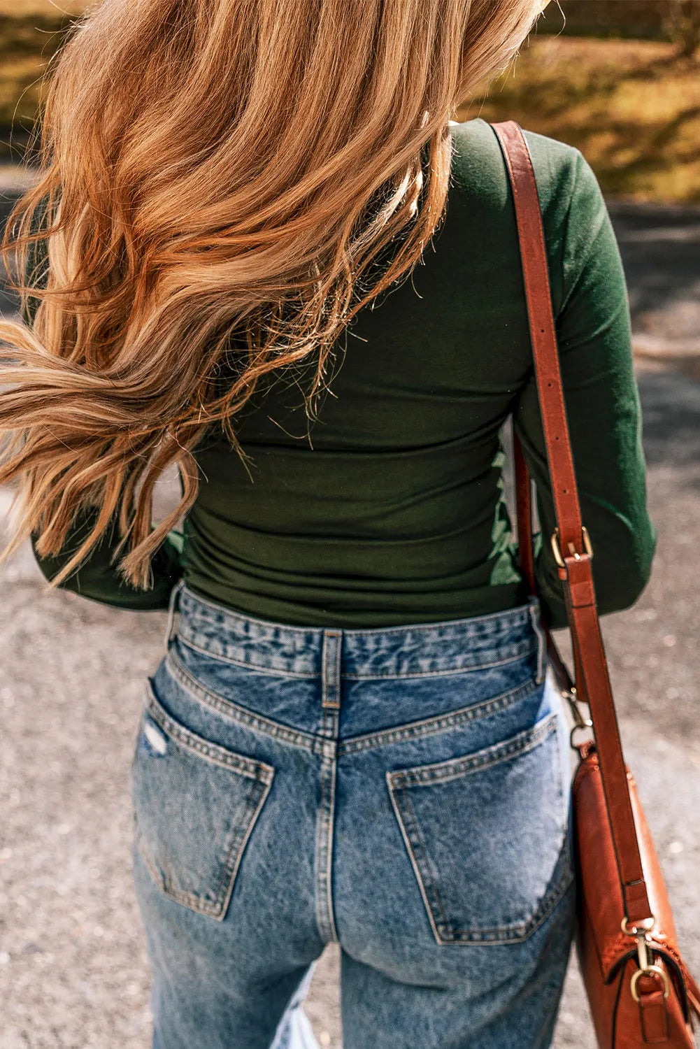 Dark Green Square Neck Long Sleeve Bodysuit Fitted Basic Top - Image 5