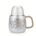 925 Sterling Silver Silver Peony Tea Vessel with Natural Rattan Handle and Floral Relief - Handicraft