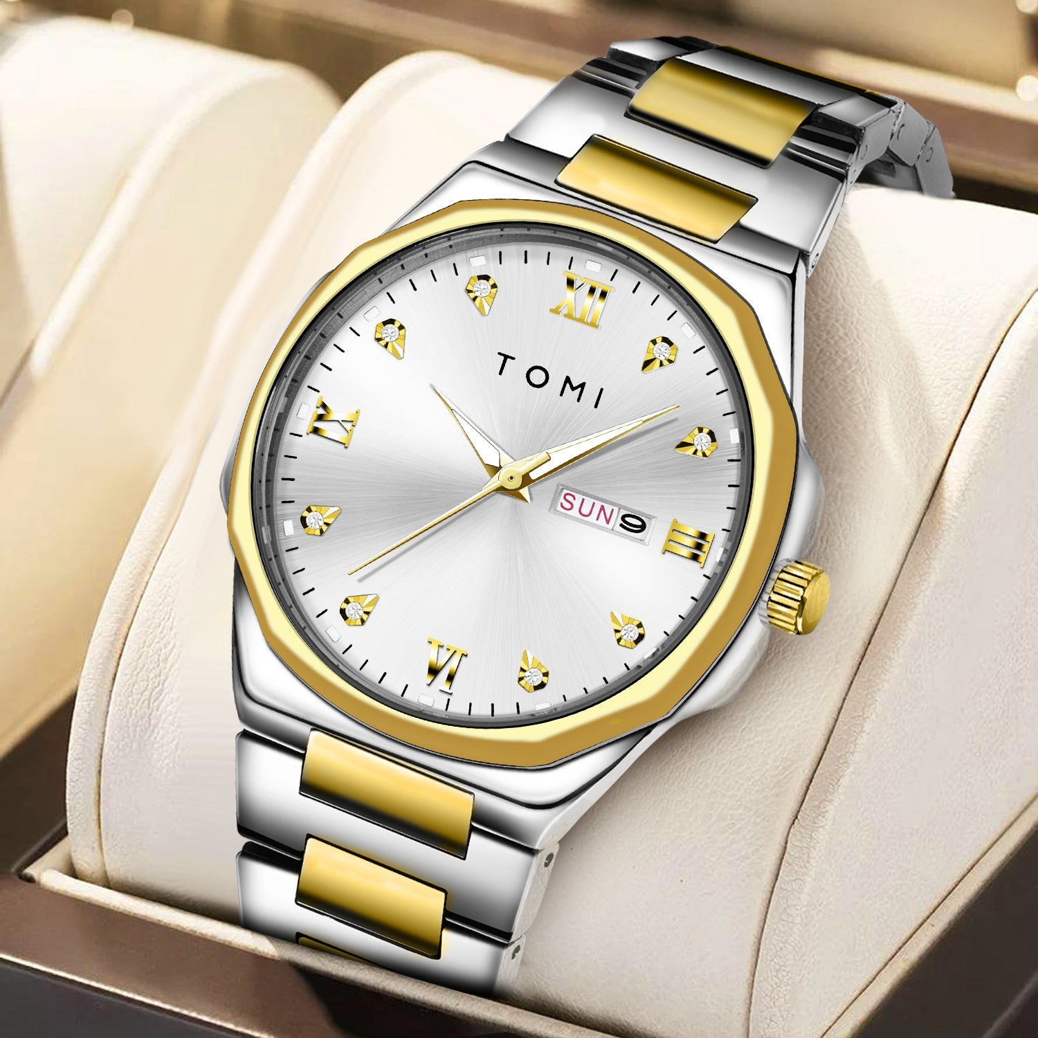 Simple Diamond Encrusted Quartz Watch with Stainless Steel Strap
