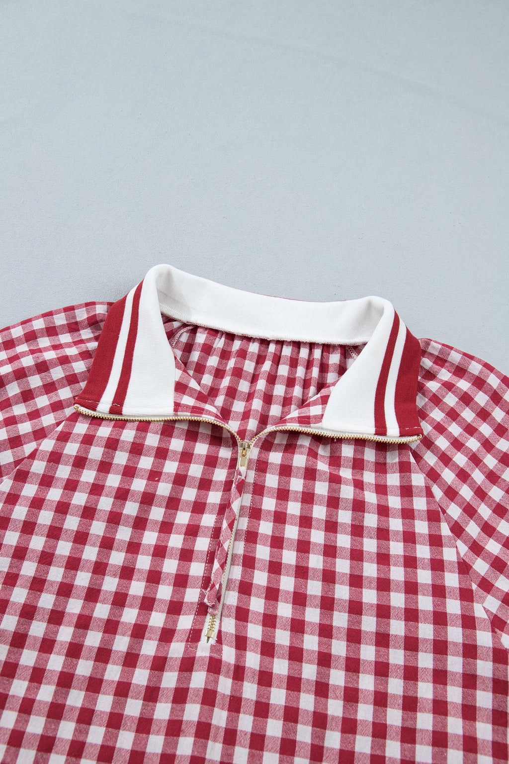 Journi Patchwork Half Zip Blouse in Red and White Geometric