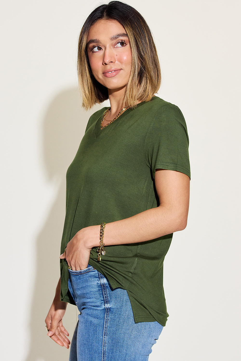 Women's Soft Black V-Neck T-Shirt with Modern Hi-Lo Hem - Image 21