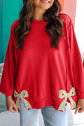 Fiery Red Floral Bow Patchwork Baggy Sweatshirt with Exposed Seams