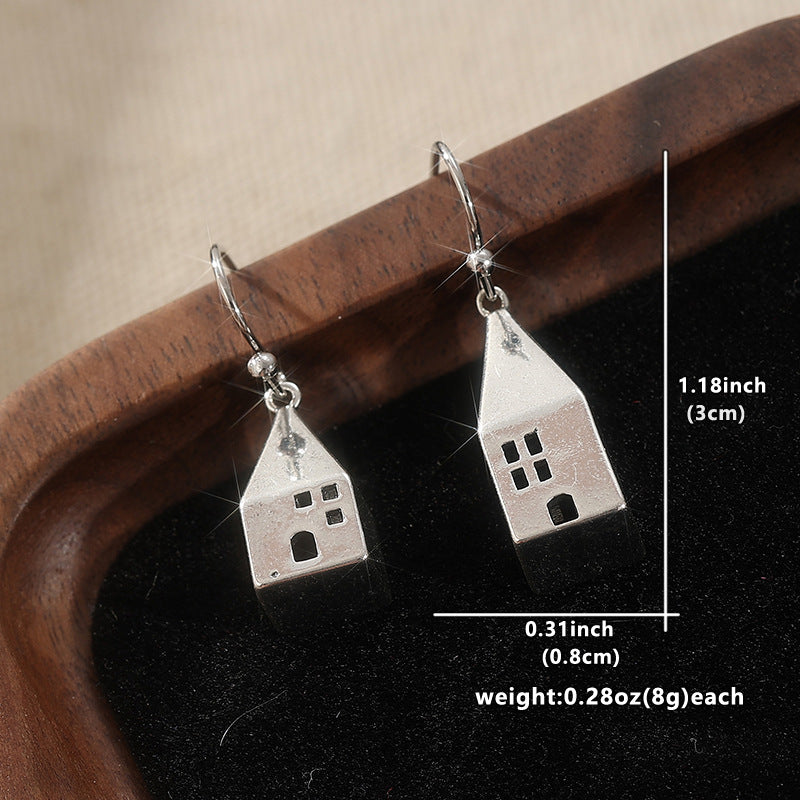 Vintage House Charm Drop Earrings Silver Tone Brass Women Artistic Daily Fashion Jewelry Gift Elegant
